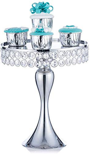 Soporte redondo para tartas de plata con cuentas de cristal (grande, plateado)