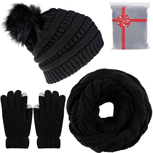 CheChury Strickmütze Wintermütze Schal Set Beanie Gestrickt Fleece Bommel Touchscreen Handschuhe Set Winterschal Kombi Set Loop Grobstrick Schal Damen Geschenk Winterzubehör