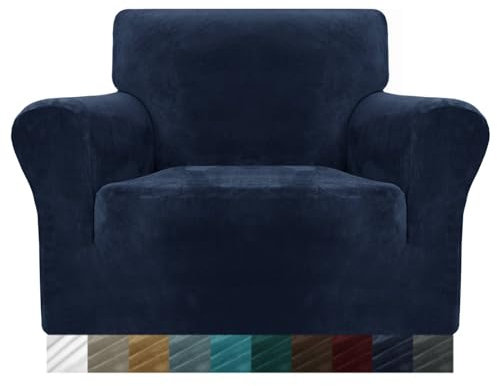 MAXIJIN Dicke Samt Stuhlhussen für Sessel Stretch rutschfeste Sofabezug 1-Sitzer Hunde Katze Haustier Wohnzimmer 1-teiliger Sofa Protector Stuhl Schonbezug (1 Sitzer, Navy Blau)