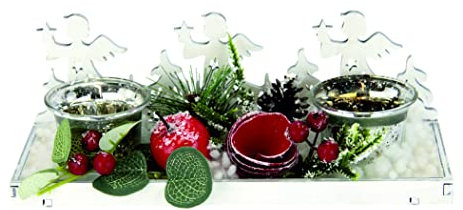 Dekoriertes Holztablett mit Teelicht-Gläser Tanne Weihnachtsdeko Kerzenschale Teelicht Kerzenhalter Teelichthalter Adventstablett Adventskranz Tablett Schale Dekoschale Adventsschale Deko für Advent