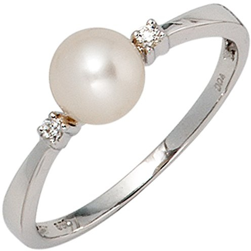 Jobo Damen-Ring aus 14 Karat 585 Weißgold mit Perle und 2 Diamanten Größe 62