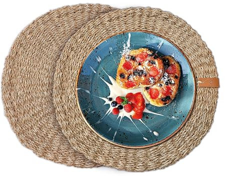 FRIHET® Platzsets rund aus Seegras für Tischdeko | Platzdeckchen für den Esstisch | 2er Tischset Natur | Tischset Skandi-Deko in harmonische Farbtöne | nachhaltige Eleganz | Ø 33 cm