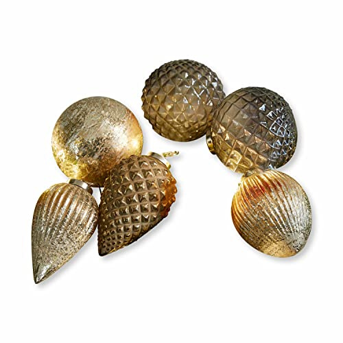 Loberon Weihnachtsschmuck 6er Set Layounne, Verschiedene Formen & Strukturen, Vintage-Charakter, Weihnachten, Weihnachtsdeko, Christbaumschmuck, Glas, Messing, antiksilber/grau