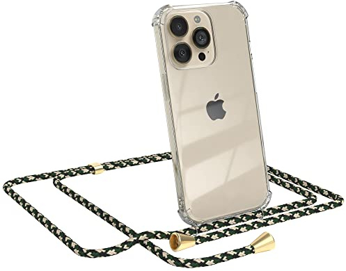 EAZY CASE Handykette kompatibel mit iPhone 13 Pro Handyhülle mit Umhängeband, Handykordel mit Schutzhülle, Silikonhülle, Hülle mit Band, Stylische Kette für Smartphones, Grün Camouflage
