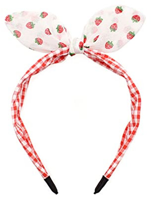 She's Shining Haarreif für Damen, Mädchen, Erdbeere, schönes Obst-Haarband, süße Schleife, Haar-Accessoires, Cartoon-Gesichtswäsche, Make-up, Kopfschmuck (kariert, Erdbeere)