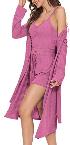 HANERDUN Damen Schlafanzug Kurz 3-teiliges Pyjama Set Offene Strickjacke mit Taschen Cami und Shorts Nachtwäsche mit Gürtel Robe Set