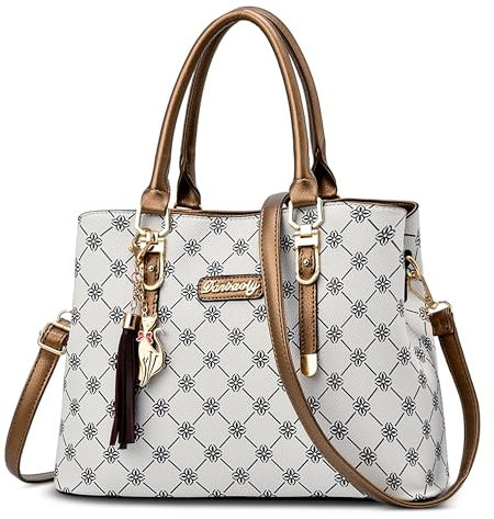 DORRISO Mode Damen Handtasche Reise Handtasche Einzigartiges Gittermuster Design Schultertasche Umhängetasche Casual Niedlicher Anhänger Top Griff Tasche für Frauen Beige Weiß A