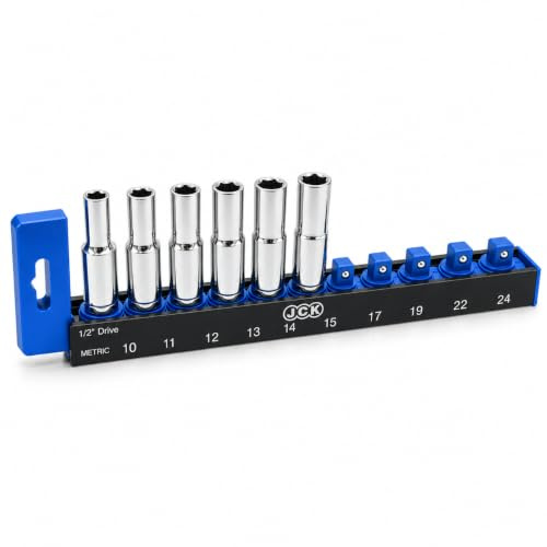JCK 1/2 Inch Drive Socket Organiser Rail, Metric 10-24mm, 10 Clips | Metric 1/2 inch Socket Rail Holds 10 Sockets with Rotating Spring Clips for Quick Access and Secure Storage.