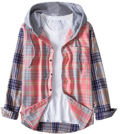 Shirt Jacke Hemd mit Kapuze Lässiges Hemd mit Karomuster für Herren, langärmliges, einreihiges Kapuzenhemd Kariertes Hemd Männer Hemd Herren