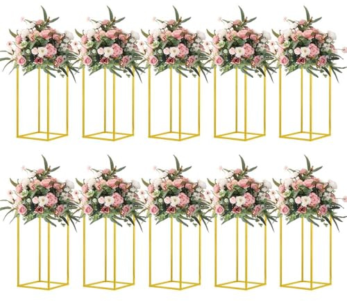 MEISHAONV 10 Pcs 15.75inch Gold Wedding Flower Vase Metal Column Flower Stand, Geometric Centerpieces Vase for Table, Home Party Wedding Decorations