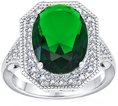 Personalisierte Mode Großer Ovaler Solitär Aaa CZ Pave Simulierter Grüner Vintage Art Deco Stil 15 Karat Cocktail Statement Ring Für Frauen Versilbert Anpassbar