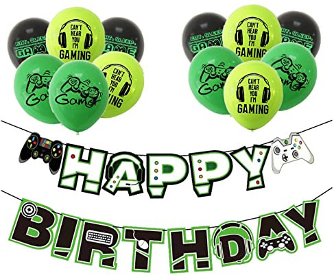 bng-bng Game Birthday Video Decoration Happy Birthday Bunting Banner and Balloons For Game Theme Party Decorations Boys Girls Kids Party Supplies Backdrop
