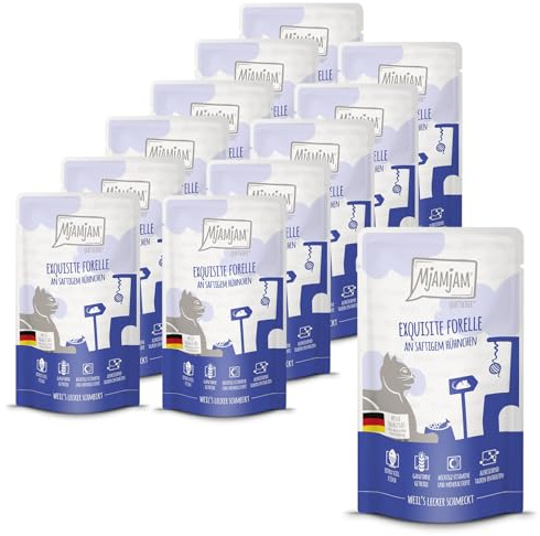 MjAMjAM - Premium Nassfutter für Katzen - Quetschie - exquisite Forelle an saftigem Hühnchen, 12er Pack (12x125g), getreidefrei