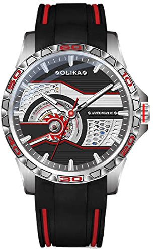 RobertDTesta Automatische Mechanische Sportuhren Für Männer, Modische Doppelseitige Skelettierte Mechanische Freizeituhren Mit Leuchtdioden,Silver case red