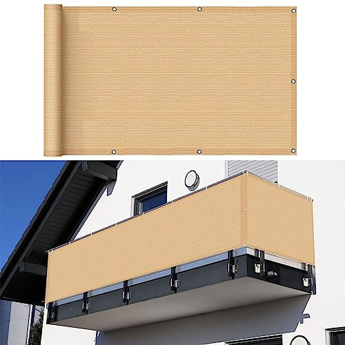 GUOJUN Balkonbespannung 75 x 800 cm Windschutz Staubschutz Wetterfest Balkonverkleidung mit Kabelbinder Ohne Bohren für Balkongeländer Garten, Beige