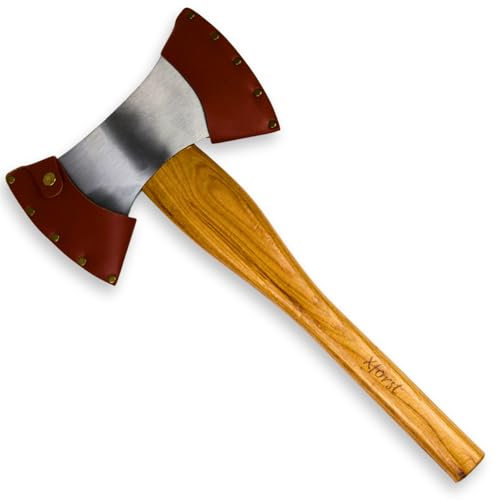 Xforst Axt Doppelkopfaxt Beil aus geschmiedetem Karbonstahl. Handbeil aus Hickory Holz Stiel mit einem Schneidenschutz aus echtem Leder. Wikinger Axt. 42 cm / 1,4 kg. X-DB