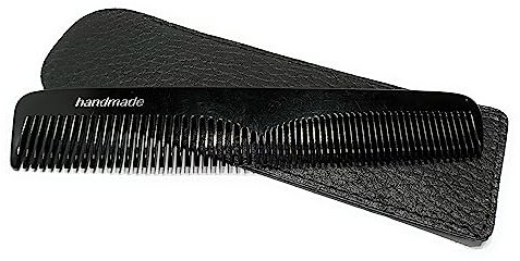 Swedish Crown Taschenkamm gesägt 12,5 cm handgemacht Schwarz Kamm mit zwei Zahnungen fein + normal mit Echt - Leder - Etui in schwarz (501 CA ET)