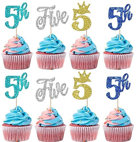 SYKYCTCY 24 Pack 5th Birthday Cupcake Toppers Glitter Fifth Birthday Cupcake Picks Five Cupcake Picks With Crown Happy Birthday Cake Decorations for Baby Shower Anniversary Party Supplies Multi