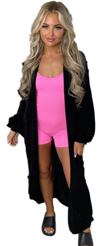 eyes Longline Balloon Sleeve Knitted Cardigan Plain Baggy Oversized Bubble Chunky Pockets Casual Winter Sweater Coatigan Boyfriend Cardigans for Women Jumper UK 8-20 (Black)