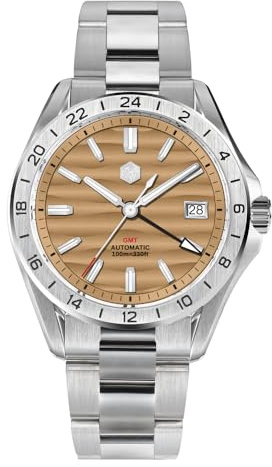 HILLEO San Martin NH34 GMT Herrenuhr, 39 mm, Wüstenstruktur, automatische mechanische Business-Armbanduhr, V 1, Vintage