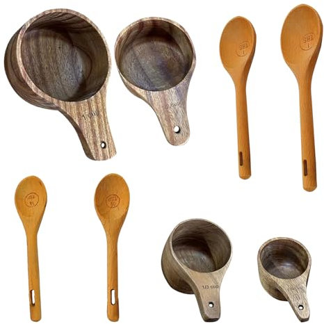 cimsfcor 8 Pcs Wood Measuring Cups and Spoons Sets, Easy to Read Wooden Measuring Cups Measuring Spoons, Stackable Kitchen Measure Tool with Handle for Cooking Baking Measuring Dry Ingredients