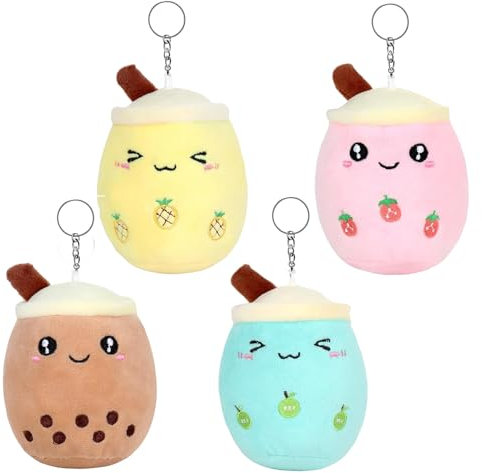 MHDUYEG 4 Pièces Peluche Bubble Tea, Bubble Tea Animal en Peluche avec Porte-Clés, Porte Clé Bubble Tea, Porte Clef Bubble Tea Porte-Clés Bubble Tea en Peluche pour Enfants Filles Adultes
