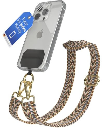 EAZY CASE - Handykette Universal zum Umhängen kompatibel mit jedem Handy Kette mit Hülle kombinierbar Handykordel mit Karabiner für Handyhülle Handyband zum Umhängen Bunt Boho Kordel Braun Mix Gold
