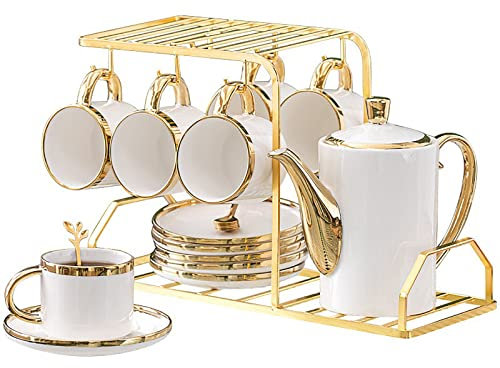 asdchZen Juego de 20 tazas de té de cerámica con borde dorado, juego de té de porcelana blanca, tazas de café y platillos de porcelana blanca mate con soporte de metal, para decoración de boda