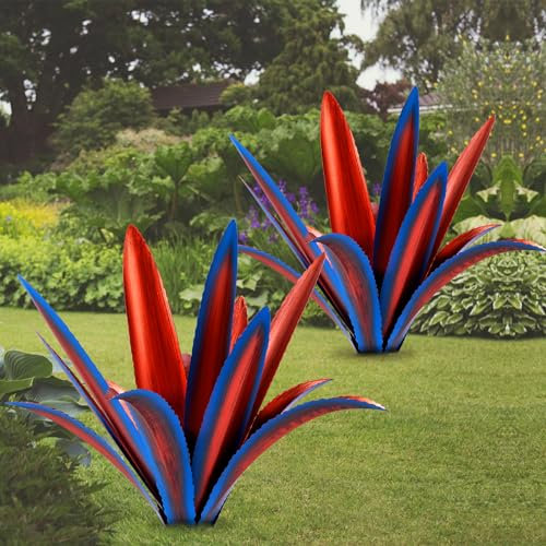 Acciaiie Große Tequila-Skulptur, rustikale Metall-Agavenpflanzen für den Außenbereich, Terrasse, Hof, mexikanische Pflanzengarten, Agave, Rasen-Ornamente, Hofpfähle (blau, 2 Stück)