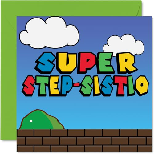 Geburtstagskarte für Stiefschwester – Super Step Sistio – lustige Geburtstagskarte für Stiefschwester von Stiefbruder, Geschwister-Geburtstagsgeschenke, 145 mm x 145 mm, Witz-Grußkarten für Frauen und