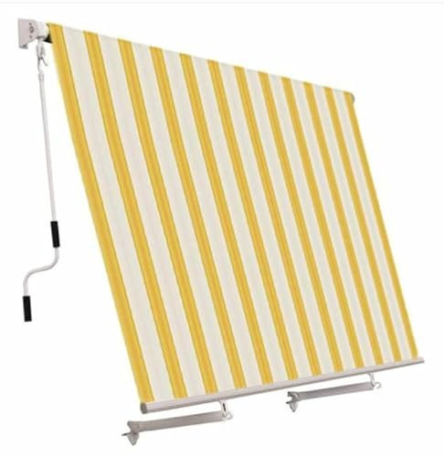 Tenda da Sole a Caduta Senza Cassonetto con Braccetti Asta e Mantovana Tenda da Balcone Esterno 250X250cm Telo Resistente al Sole e impermeabile Fissaggio Parete, Soffitto GIALLO/BIANCO RIGATO