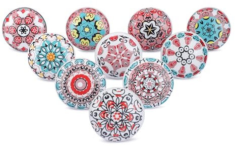 Ajuny Lot de 10 Boutons en Céramique Imprimés Floraux Roses pour Portes Placard Tiroirs et Meubles pour Cuisine Salle de Bain Armoires de Commode Décoratifs en Poterie Faits à la main