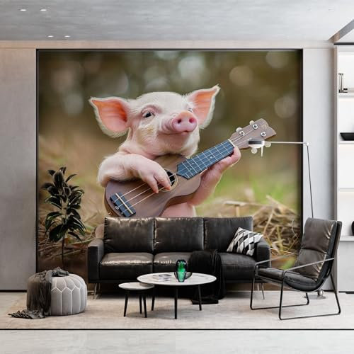 Fototapete Grasland Tier Schwein Gitarre Tapete 400 x 280 cm (B x H), Farbig Tapeten Vliestapete, Modern Wandtapete Wohnzimmer Schlafzimmer Kinderzimmer Wanddeko Motivtapeten Fototapete
