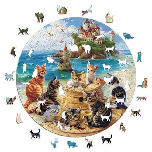 Iconic Puzzles - Kittens at The Seaside, Fantasy Animals, 100% nachhaltiges Holzpuzzle, Geschenke für Kinder und Erwachsene, Größe M, 350 Teile