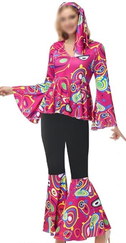 AIMLYF Damen Multicolor Druck Retro Disco Kostüm Anzug 1970er Hippie T-Shirt Hose mit Kopfbedeckung Halloween Outfits (Rose, XL)
