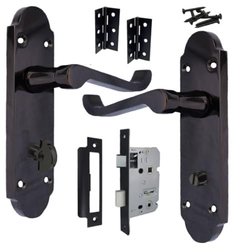 Betley Butterfly Victorian Scroll Epsom Bathroom Locking Door Handle - Bath Lock Pack Hinges Lever on Backplate Black Nickel Handles for Internal Wooden or Oak Doors
