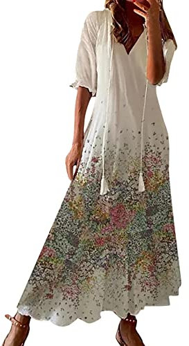 Robe Longue Femme Été Blanche Col V-Franges - Plage Mode Sexy Décontractée Couleur Unie Dress Casual Ample Soirée Bohème Plissée