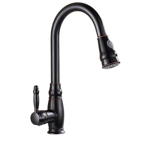 Wasserhahn Küche - Küchenarmatur Mit Brause Ausziehbar, Retro Antik Stil Messing Einhebel 360° Schwenkbar Spültischarmatur Mischbatterie Mit 2 Strahlarten, Hoher Auslauf Armatur Küche, Schwarz
