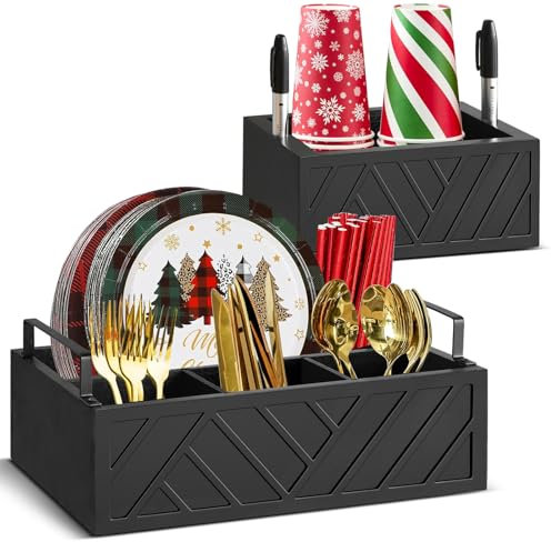 Paper Plate Dispenser with Cup Holder for Kitchen Countertop, Wood Paper Plate Holder Organizer for Cutlery, Silverware Caddy Utensil Caddy Condiment Caddy for Parties BBQ and Camping Accessories