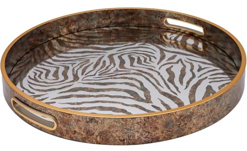 Luxurious Zebra Print Round Decorative Tray | 36cm | Gold Rim Serving & Display Tray | Home Kitchen Coffee Table Decor