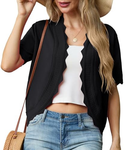 GRECERELLE Ladies Summer Cardigans Knit Scallop Edge Shrugs Womens Lightweight Casual Cardigan for Dress Summer Evening Wedding (Black, M)