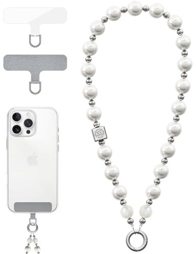 Vihibii für Handykette mit 2 Universal Patch, Handykette Perlen, Mode Perle, Handy Perlen Schlüsselband, Abnehmbare Anti Diebstahl Telefon Riemen für Frauen Mädchen, stilvolle Handy Kette, weiß