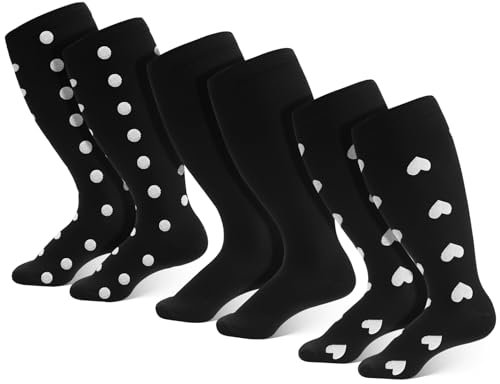 Utensilsto 3 Paar Kompressionsstrümpfe für Damen, Groß Flugsocken Schwarzes mit Muster, Kniehoch Damen Kompressionsstrümpfe für Reisen, Laufen, Fliegen, Stillen, Schwangerschaft(3XL)