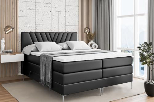 ALTDECOR Boxspringbett mit Silber Füßen, Matratze und Lattenrost, Topper, Polsterbett mit Bettkasten, Bett mit Stauraum H3- und H4- Matratze, Doppelbett -ERNINA-FS KING-200x200 - Schwarz Kunstleder
