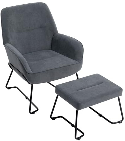 HollyHOME Sessel mit Hocker Ohrensessel mit Hocker Samt Sessel Wohnzimmer & Schlafzimmer Lesesessel Lounge Sessels, Grau