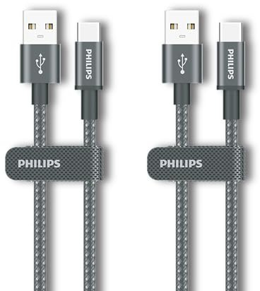 Philips DLC5030AA USB-C Cable 2-Pack 1M, 18W Fast Charging, PET-Resistant Braided Cord, 480Mbps Data Transfer, Type-C Charger for Android, CarPlay, Android Auto