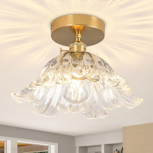 Vloitgol Deckenleuchte Vintage mit lampenschirm Transparent glas E27 25cm halbbündige Transparent Deckenlampe Vintage blumen Glas für Schlafzimmer Flur Küche Esszimmer Wohnzimmer - Ohne Glühbirne
