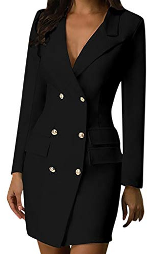 Gefomuofe Robe blazer pour femme - Manches longues - Col en V - Mini robe moulante - Double rangée de boutons - Élégante - Blazer d'affaires - Robe de soirée - Veste tunique - Manteau - Robe chemise