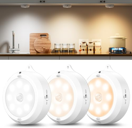 3 Stk LED Nachtlicht mit Bewegungsmelder Innen, Batterie, Dimmbar, 3 Farb | Dreifarbiges Puck-Licht mit Bewegungssensor. 3x AA batteriebetriebene Schrankbeleuchtung mit Magnet für Treppe & Küche