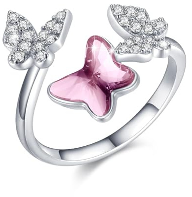 REDSUN Schmetterling Ringe für Frauen Mädchen 925 Sterling Silber Verstellbarer offener Ring mit Opal/Kristall/Mondstein/Smaragd Ring Schmetterling Schmuck Geschenke